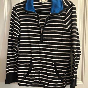 Jones New York Women's Sport Black & White Striped Top with Blue Collar | Size M